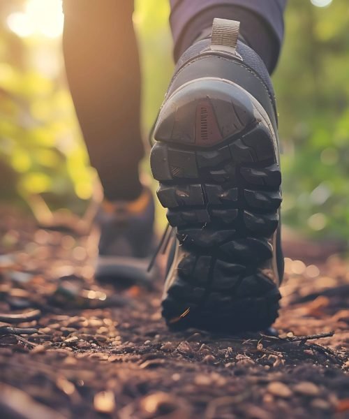 Close up of a hiker's foot on a forest trail.